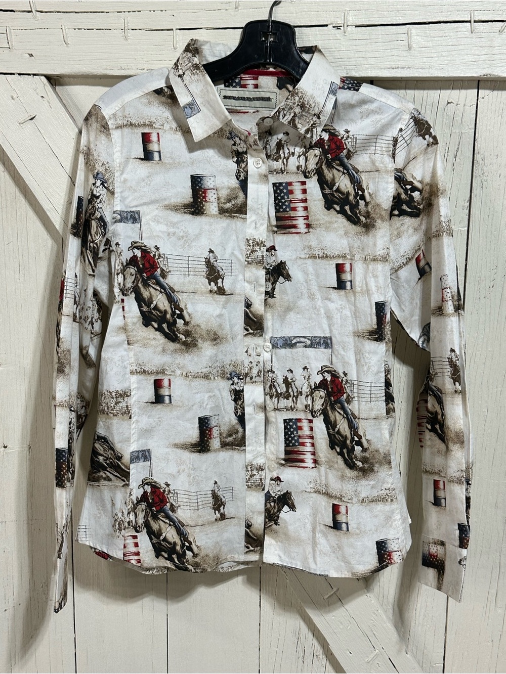 Bit & Bridle Women's Button-Down Rodeo Print Shirt in White, Brown & Red